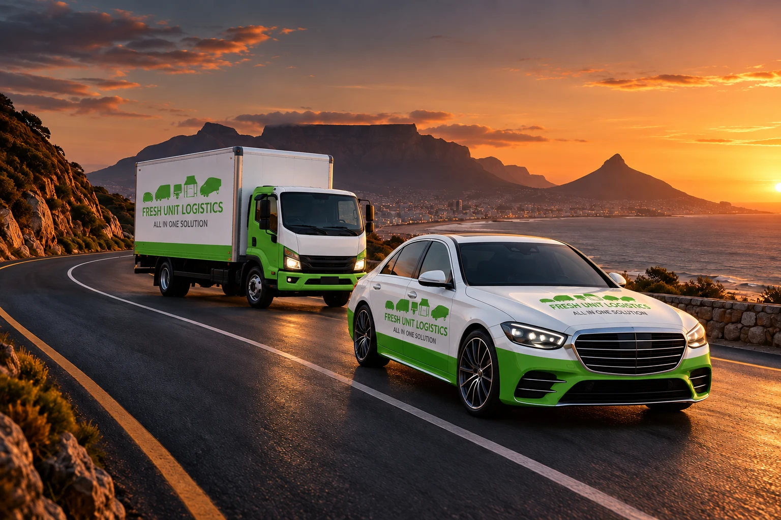 Conceptual truck and executive car in a cinematic coastal setting